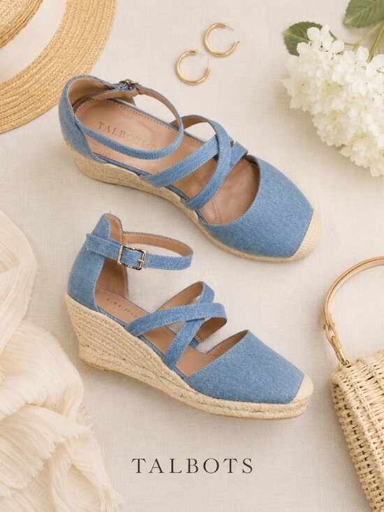 Talbots Shoes - Talbots Lyndsay Denim Espadrille Wedges Size 8 Blue Strappy Summer Sandals
